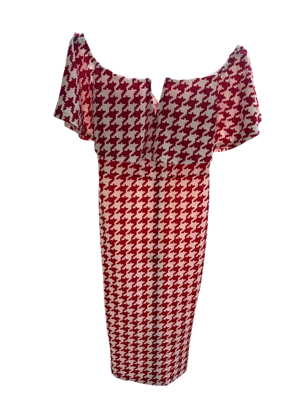 SHEIN Red and White Houndstooth Off-Shoulder Midi Dress Size M